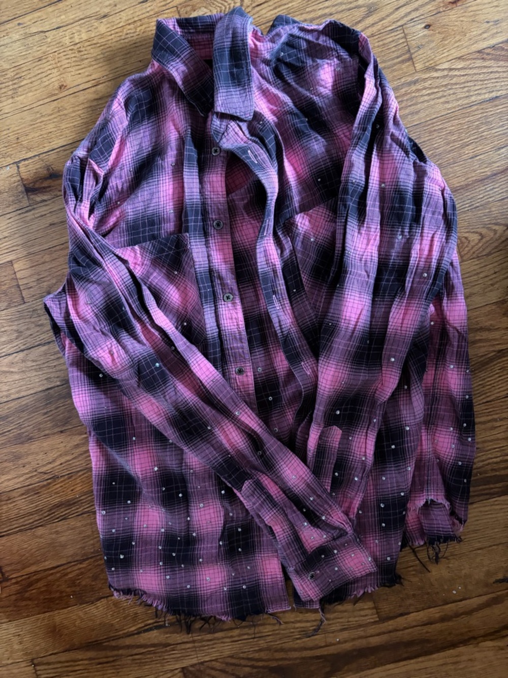 Women Amiri Pink and Black Plaid Rhinestone Button-Up Shirt